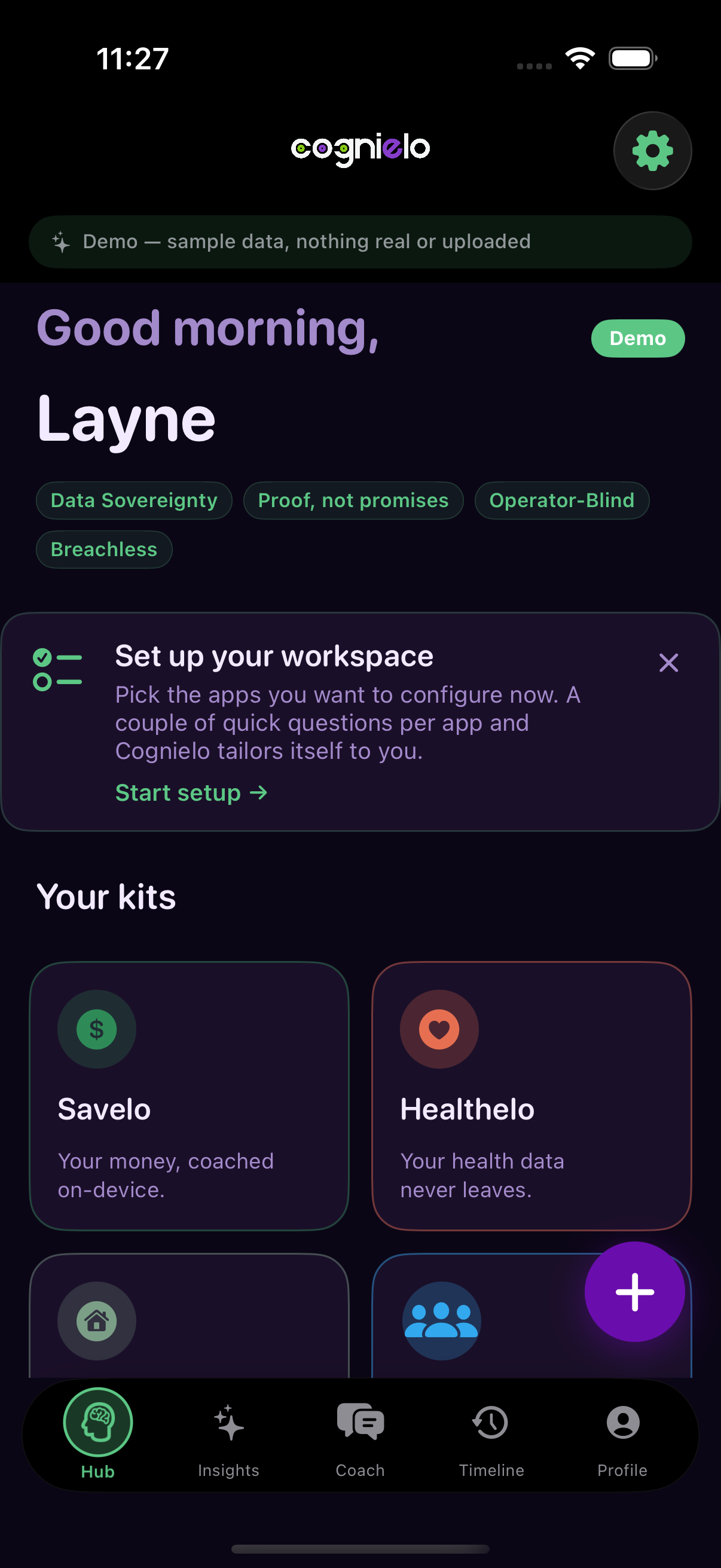 Cognielo development Hub screen using clearly labeled fictional demo data